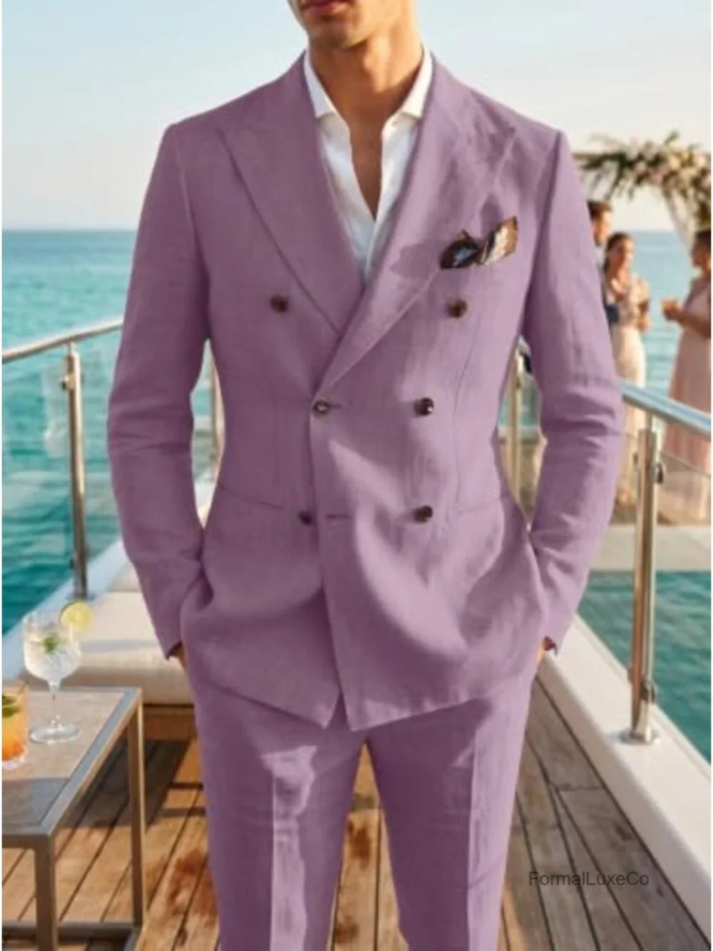 Mens Linen 2 Piece Suit Slim Fit Double Breasted Tuxedos